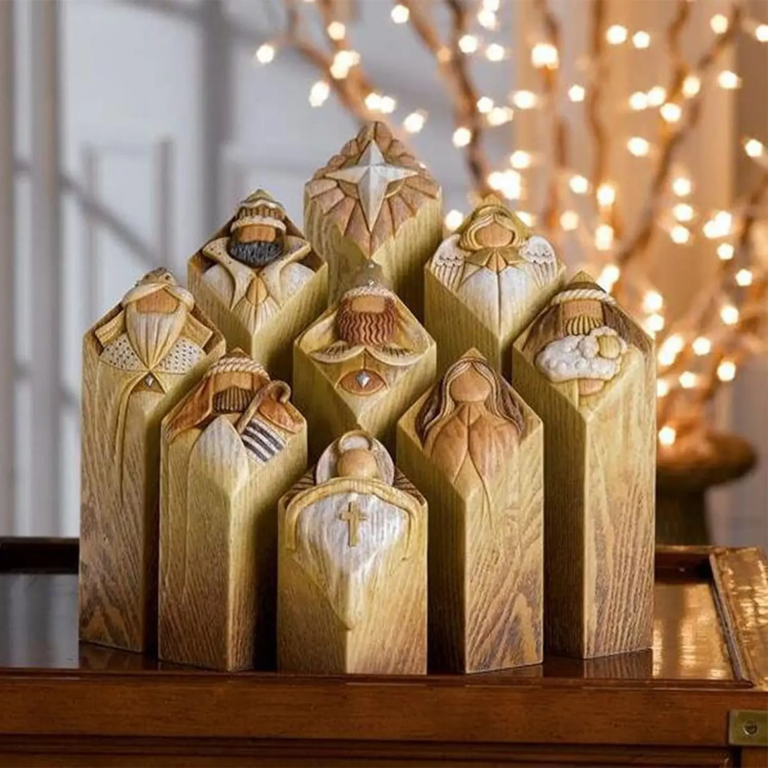 

Heaven Nativity Tree Pillar Statues 9 Pcs Set of Wooden Collection Figurines Pillars Setcolumn Decoration