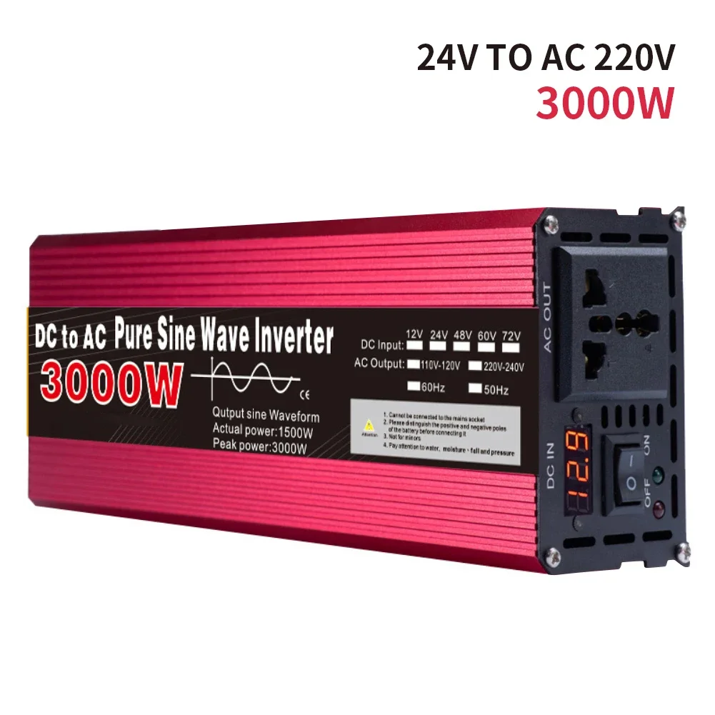 Inverter Pure Sine Wave DC12V/24V To AC 220V Voltage 3000W 50/60HZ Power Converter Solar Car Transformer With LED Display