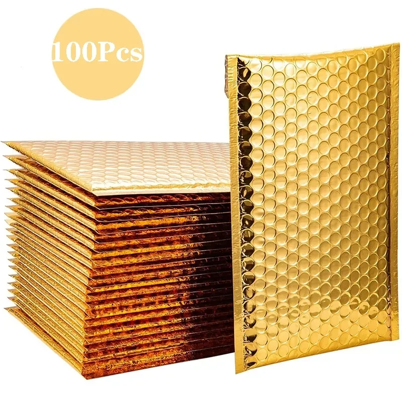 ouro poli bolha mailers auto selo acolchoado envelopes bolsas de presente embalagem a laser envelope livro 100 pcs 01