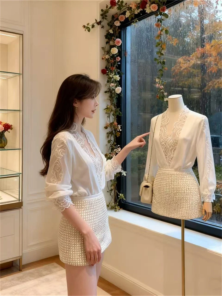 

Комплект из топа с вырезами и юбки для женщин, осенняя коллекция, юбка с высокой талией, модный комплект из двух предметов