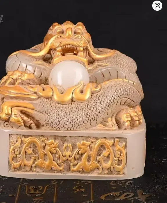 Antique Chinese Dragon Imperial Seal, Gilded Artificial Stone Sculpture for Wealth Authority Blessing Feng Shui Ornament