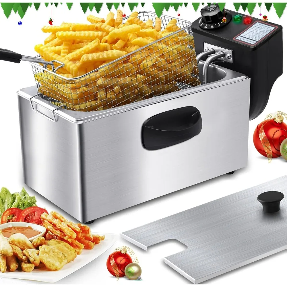 Deep Fryer with Basket, 4.2 Qt Stainless Steel Electric Deep Fryer 1650W Oil Fryer Pot with Temperature Control Cool Touch Sides