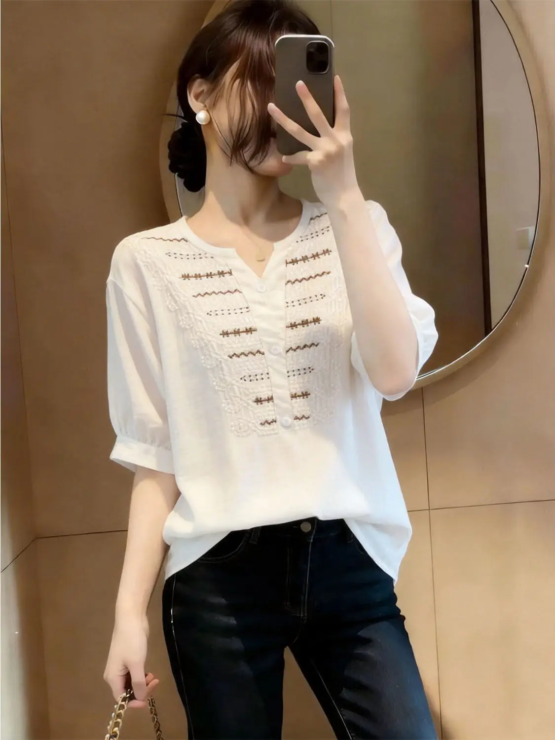 

Retro Embroidered Loose V-Neck Women's Shirt Summer plus Size Slimming Versatile Meat Concealing Mid-Length Cotton Linen Blouse