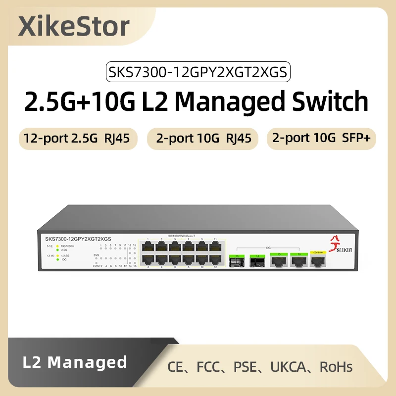 XikeStor 16-poorts 2,5 GbE L2 webbeheerd 12 poorten 2,5GBASE-T RJ45 2 poorten 10G RJ45 2 poorten 10G SFP+ uplink Ethernet