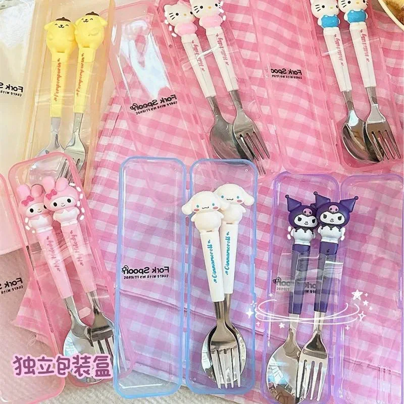 Sanrio Kuromi My Melody Juego de cubiertos: palillos de tenedor cuchara de acero inoxidable de 3 piezas, lindos utensilios para el almuerzo escolar para niños