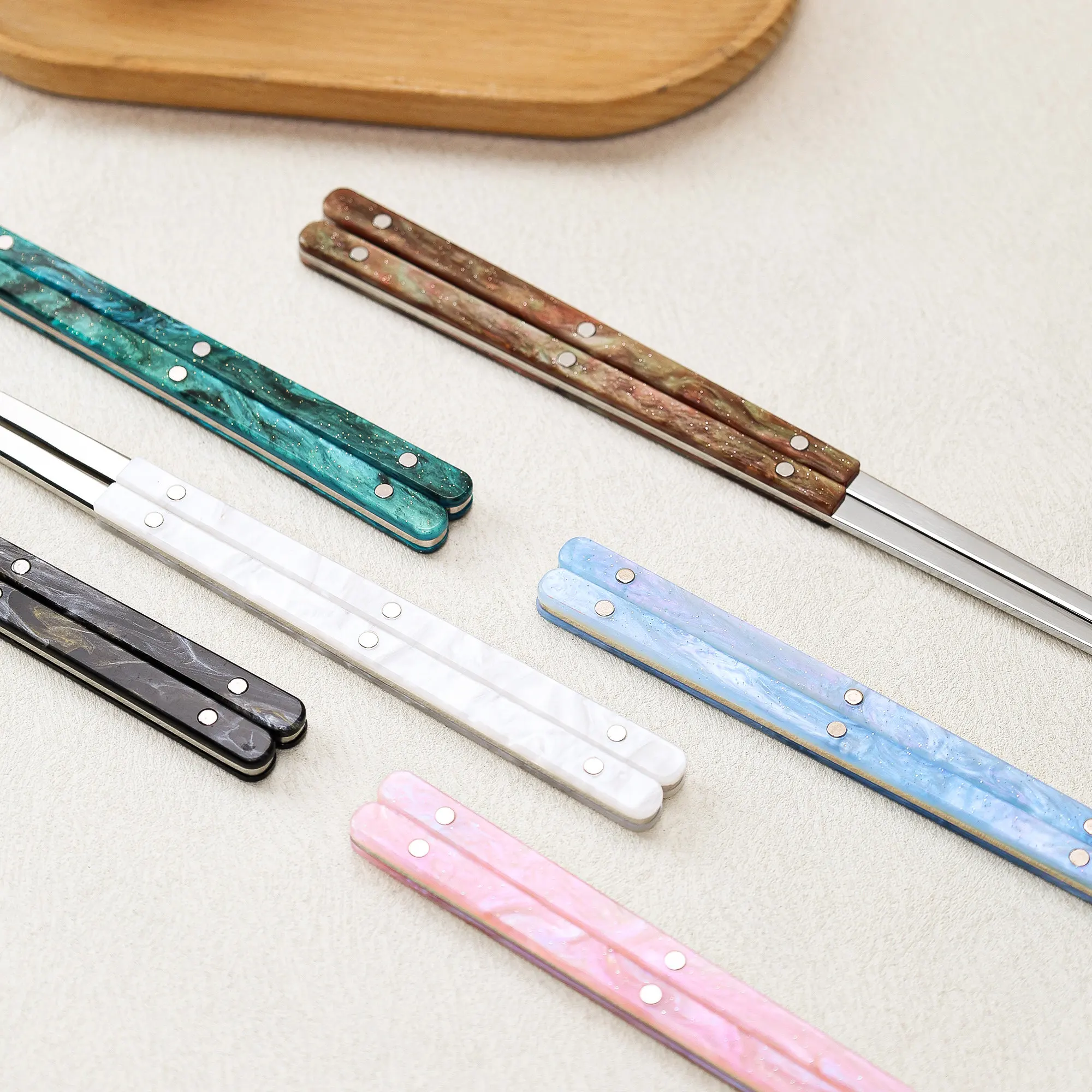 Shimmer Acrylic Chopsticks, High‑Aesthetic 304 Stainless Steel Non‑Slip Chopsticks, French Style Ins‑Inspired Serving Chopsticks