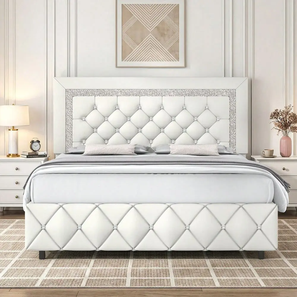 

Full Queen King Size Bed Frame, Upholstered Bed Frame With Diamond Headboard And Footboard, Pearl White Beige Black Grey Pink Pu