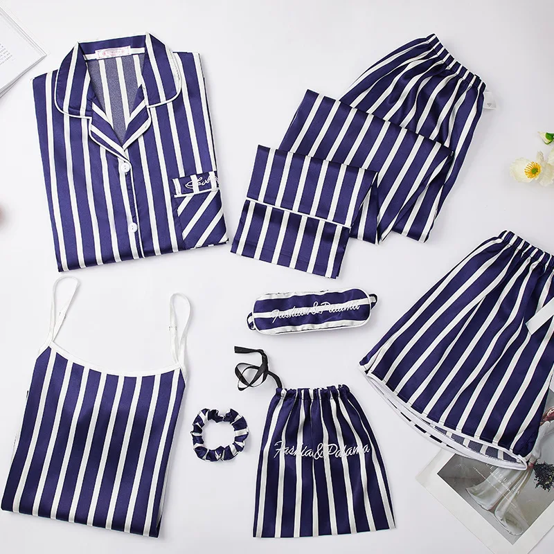 

Spring Summer Long Sleeve Trouser Suitsfemale 7Pcs Pajamas Set Satin Sling Shorts Homewear Blue Stripe Sleepwear Pijamas Suit