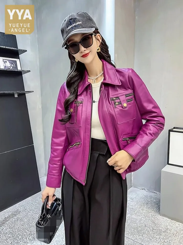 New Fashion Women Genuine Leather Jacket Punk Motorcycle Biker Short Coat Lapel Street Outerwear Female Real Sheepskin Jackets