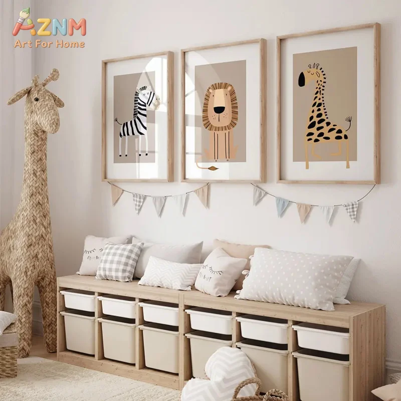 AZNM Boho Safari Animal Canvas Print Zebra Lion Giraffe Monkey Tiger Crocodile Cartoon Drawing Unframed Canvas Wall Art Neutral