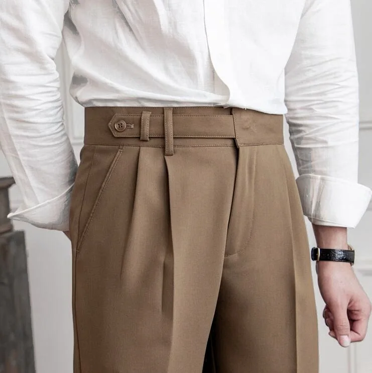 New Casual Solid Color Suit Trousers Men Spring Trendy Belt High Waist Pants Male Business Office Fashion Pleated Straight Pants
