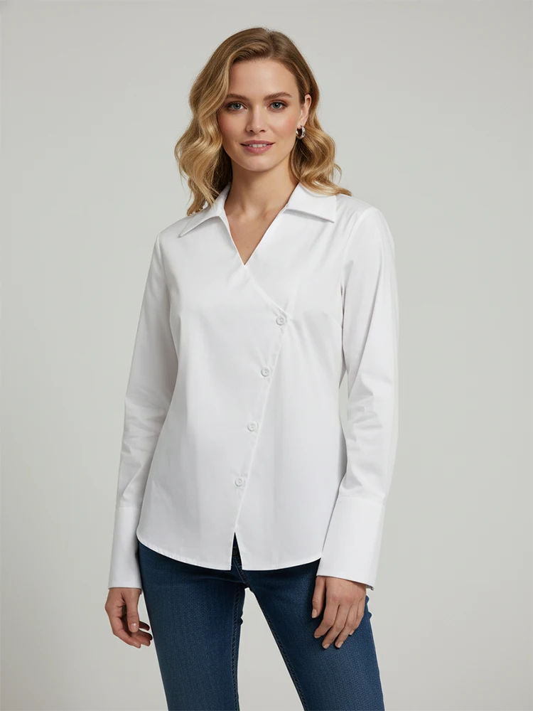 

UOOZEE офисные женские белые хлопковые рубашки, топы с длинными рукавами, свободные однотонные повседневные блузки с разрезом на пуговицах и лацканами