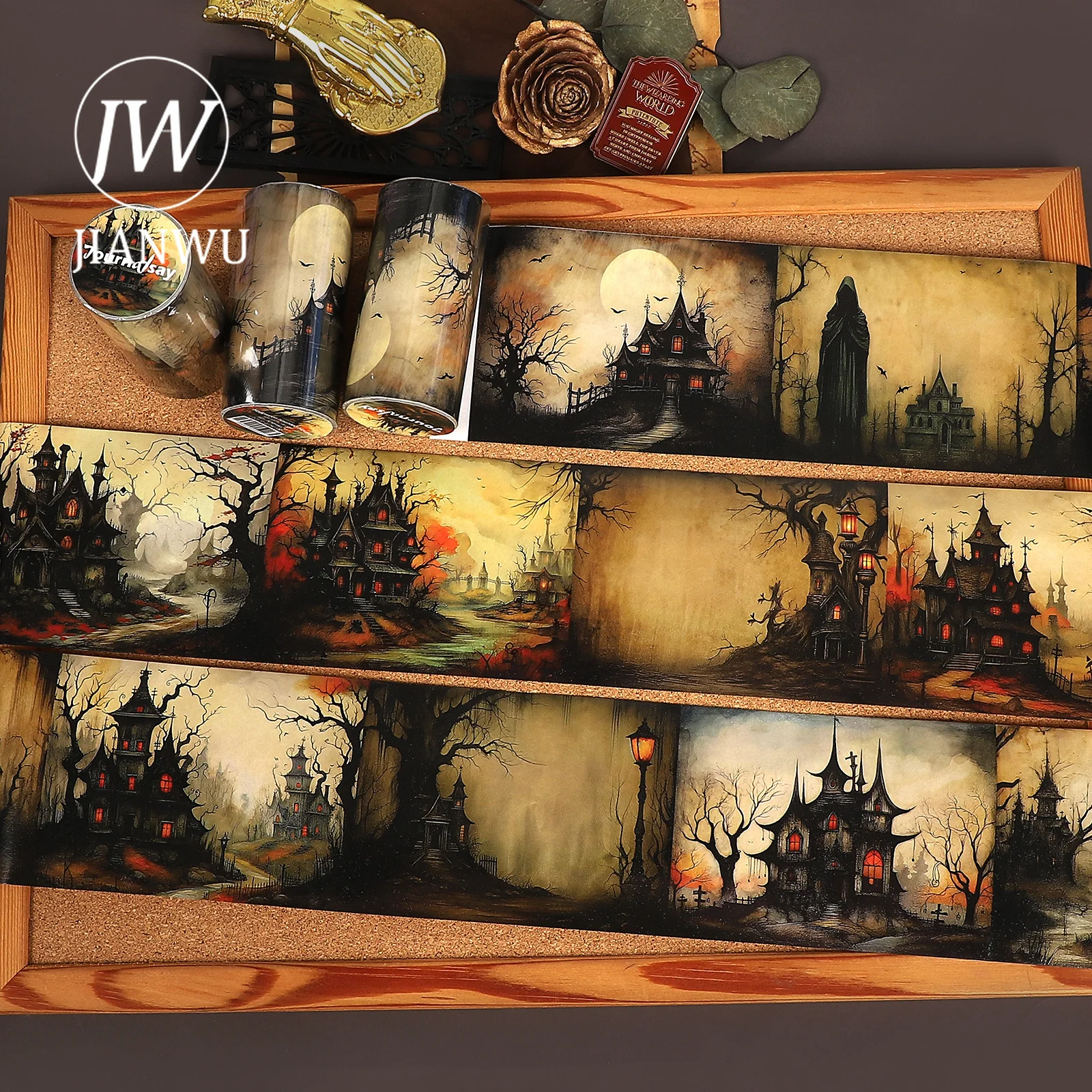 JIANWU 80mm*193cm Vintage Halloween Haunted House Landscape Material Collage Scrapbooking Washi Tape Creative Journal Stationery