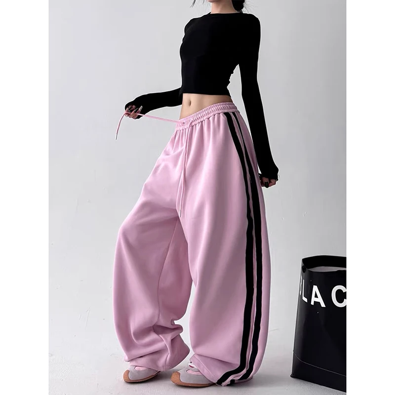 ZHIZOU Women's Pink Baggy Pants Oversize Sweatpants Stripe Long Pants Harajuku Japanese 2000s Style Y2k Vintage Trousers Clothes