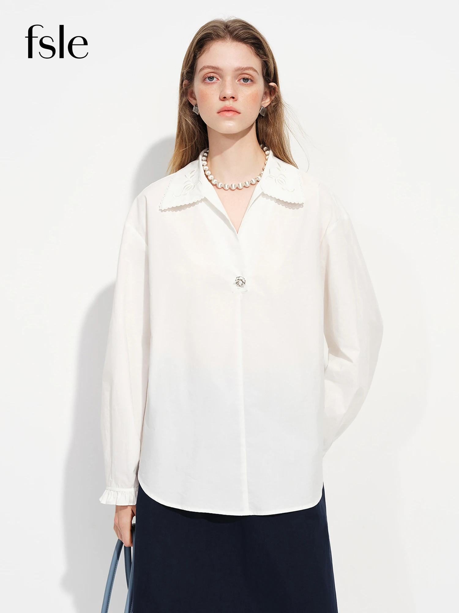 

FSLE 100% Cotton Collared Shirt 2026 Spring Embroidery Ruffles Striped Long-Sleeved Top Daily Office Lady
