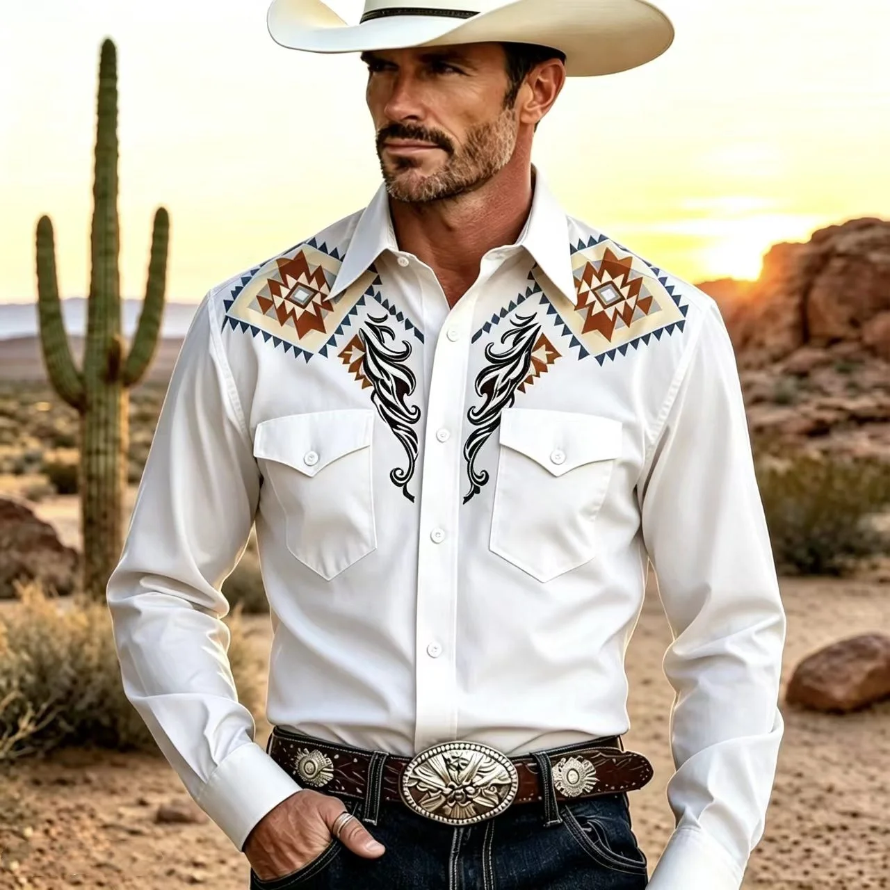 2027 New Men's Long Sleeved Shirt  3D Printed Shirt  Western Denim Style  Double Pockets  Plus Size  Outdoor Casual Top