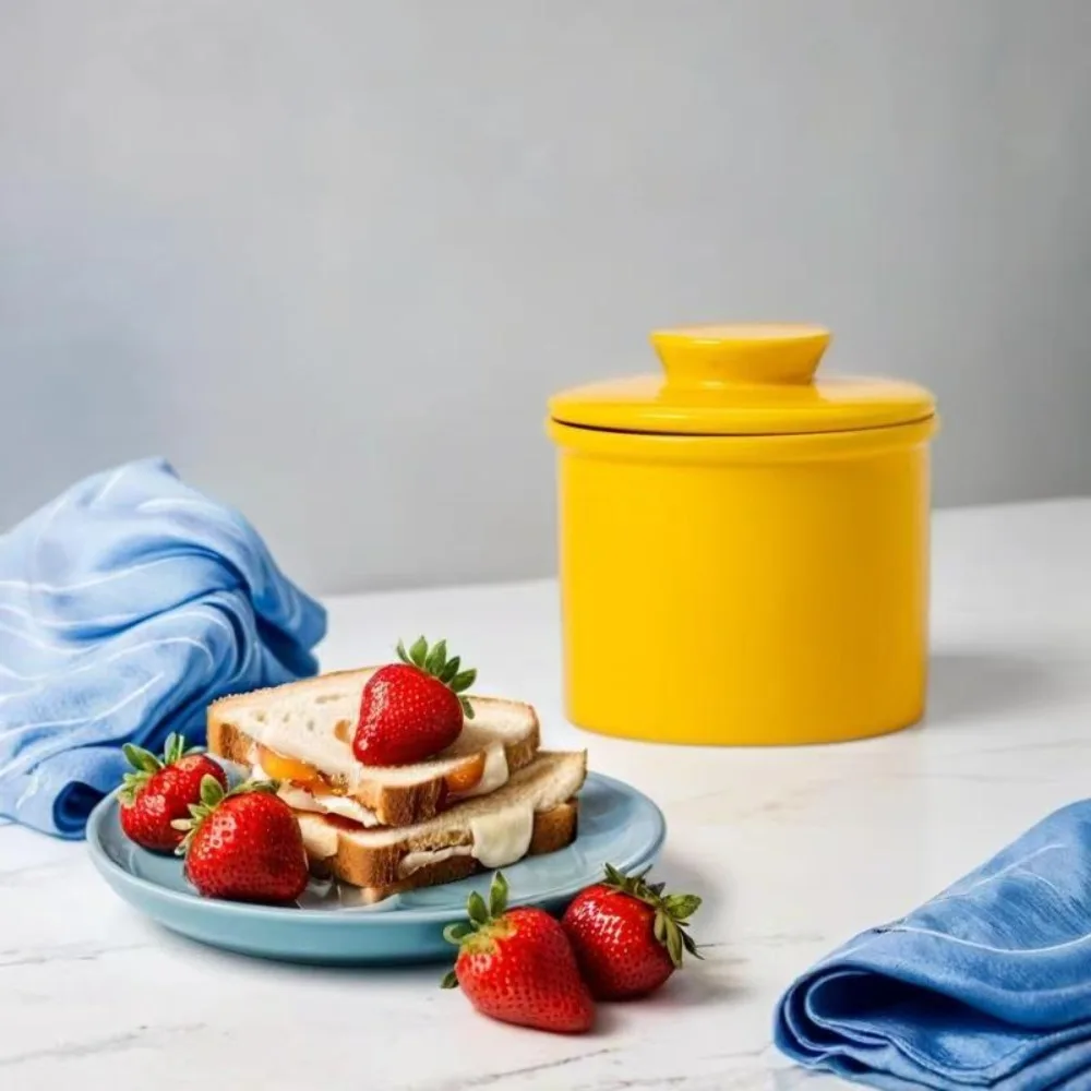 Cheese Cup Ceramic French Butter Crock Sealed with Lid Butter Cup Household Solid Color Butter Keeper Breakfast