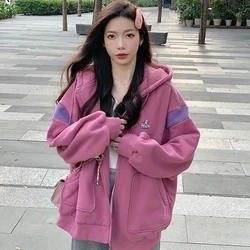 Fashion Pockets Embroidery Hoodies Sweatshirts Female Clothing 2024 Autumn Winter New Oversized Korean Tops Casual Sweatshirts