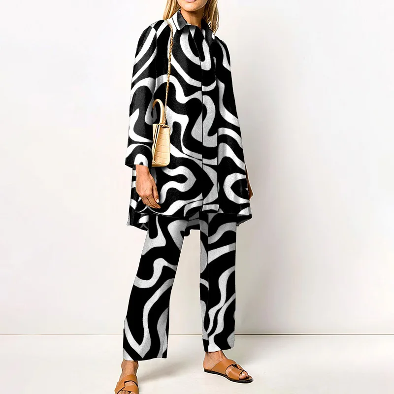 

Geometric Print Two Piece Outfit Long Sleeve Shirt and Wide Leg Pants Co-ord Set Casual Loose Fit Matching Set for Women