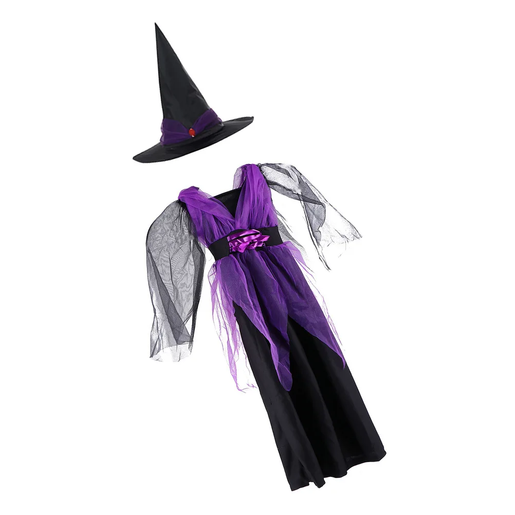 1Set Kids Halloween Witch Role Play Costume Lightweight Durable Dress Girls Cosplay Clothes Children Witch Suit Hat