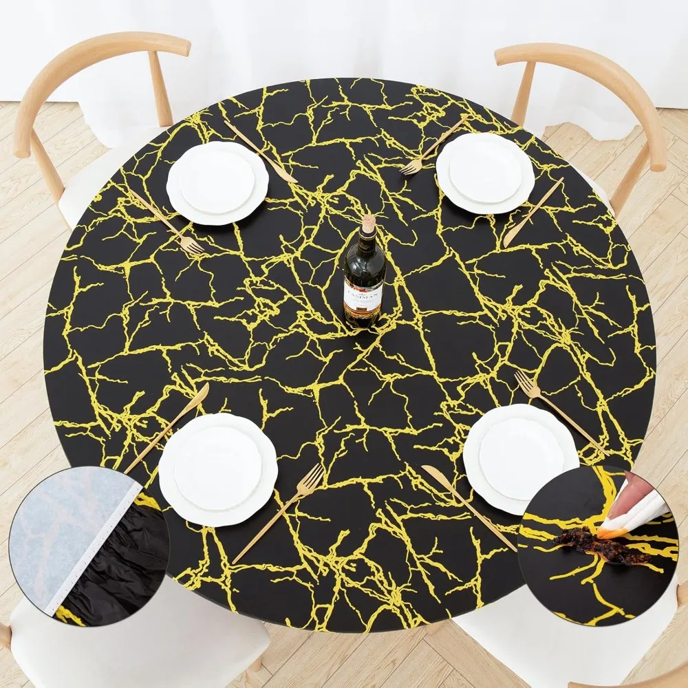 

Round Fitted Vinyl Tablecloth with Elastic Edged & Flannel Backing, Waterproof Wipeable Round Table Cover