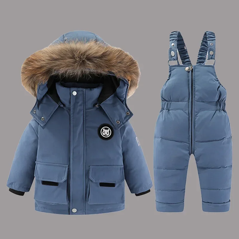 

Зимняя куртка на утином пуху для девочек-30 градусов + комбинезон, комплекты детской одежды, детский теплый костюм, пальто для маленьких мальчиков, комбинезон, зимний комбинезон