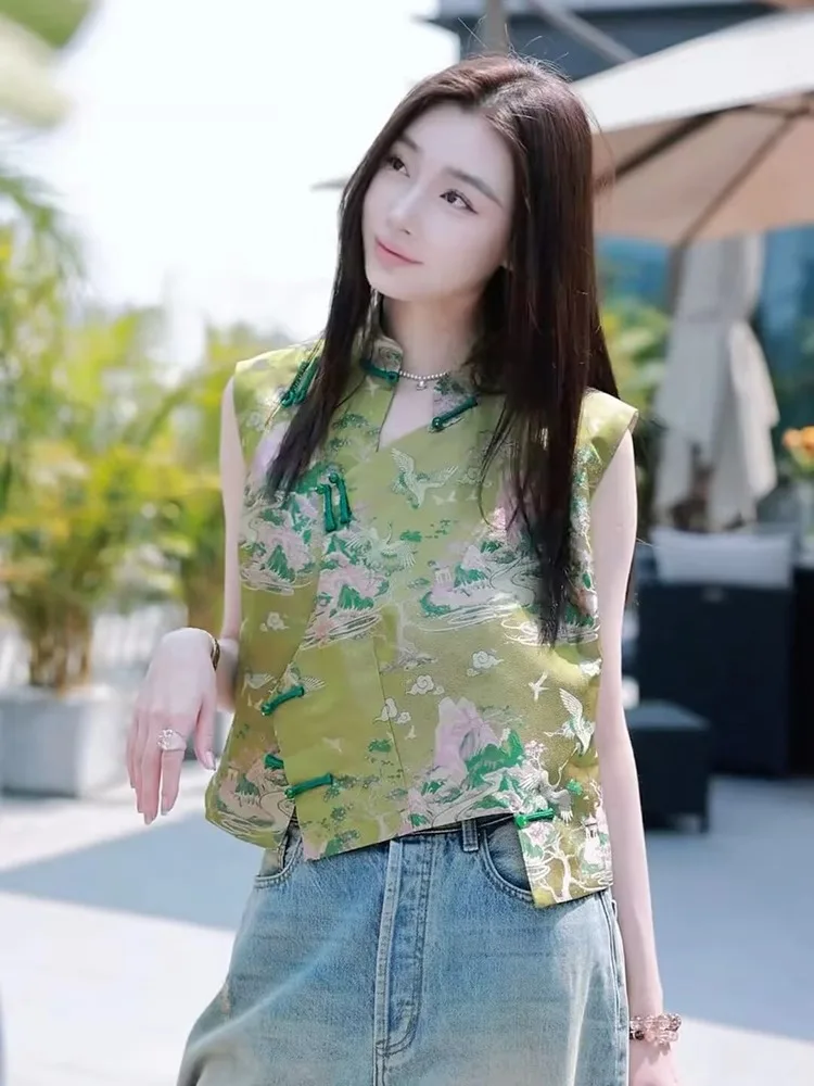 

Новая китайская женская модная тонкая куртка Hanfu для взрослых, летняя верхняя одежда, жилет, топ из качественного материала, чистый C...