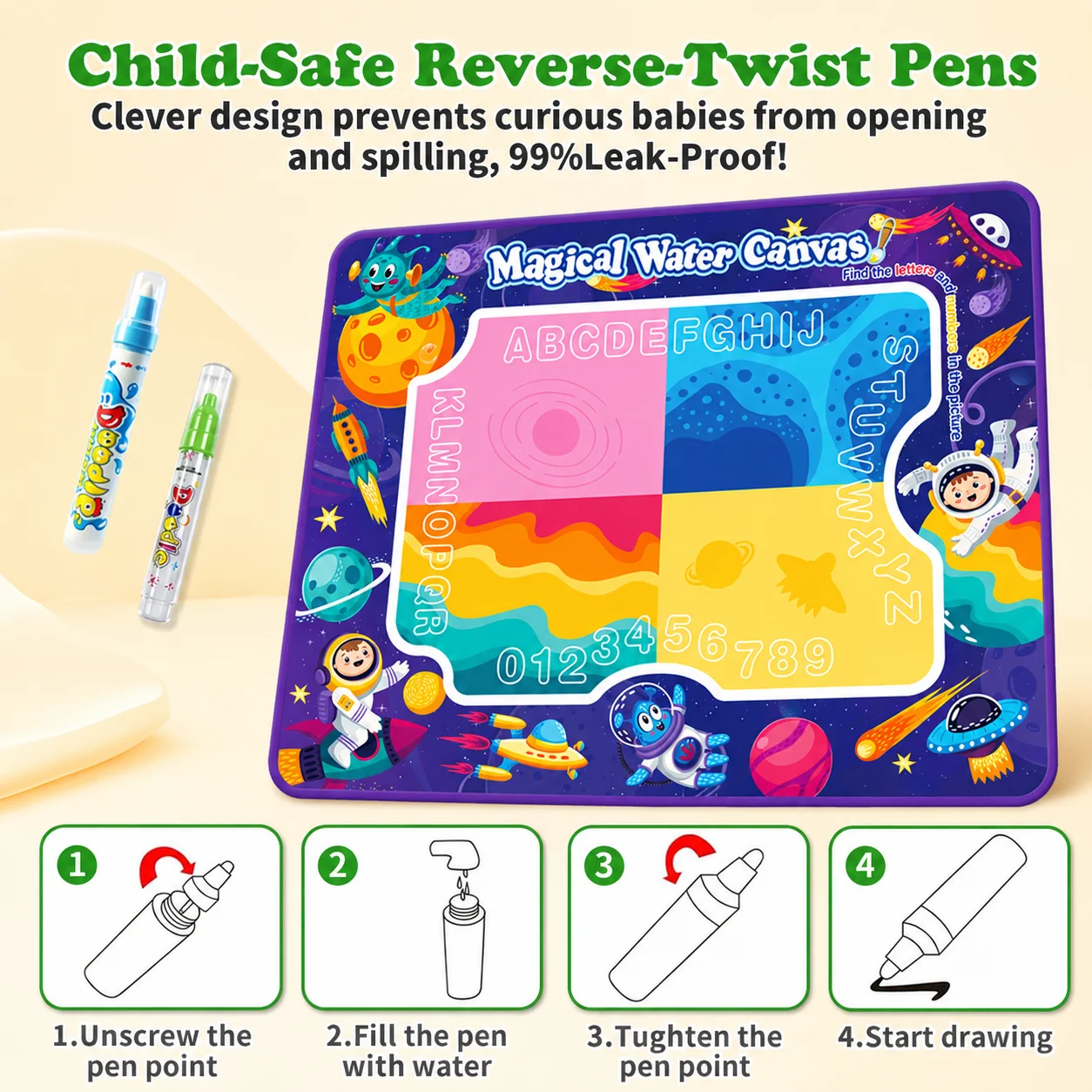 80x60cm Magic Water Drawing Mat Reusable Doodle Painting Board with Random Color Accessories, Toys for Kids Halloween Christmas