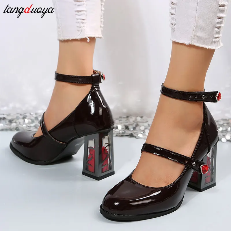 7CM Fashion Burgundy Platform Pumps Women High Heels Buckle Strap Mary Jane Shoes Lady Goth Heeled for Party 18 Girls\' Gifts