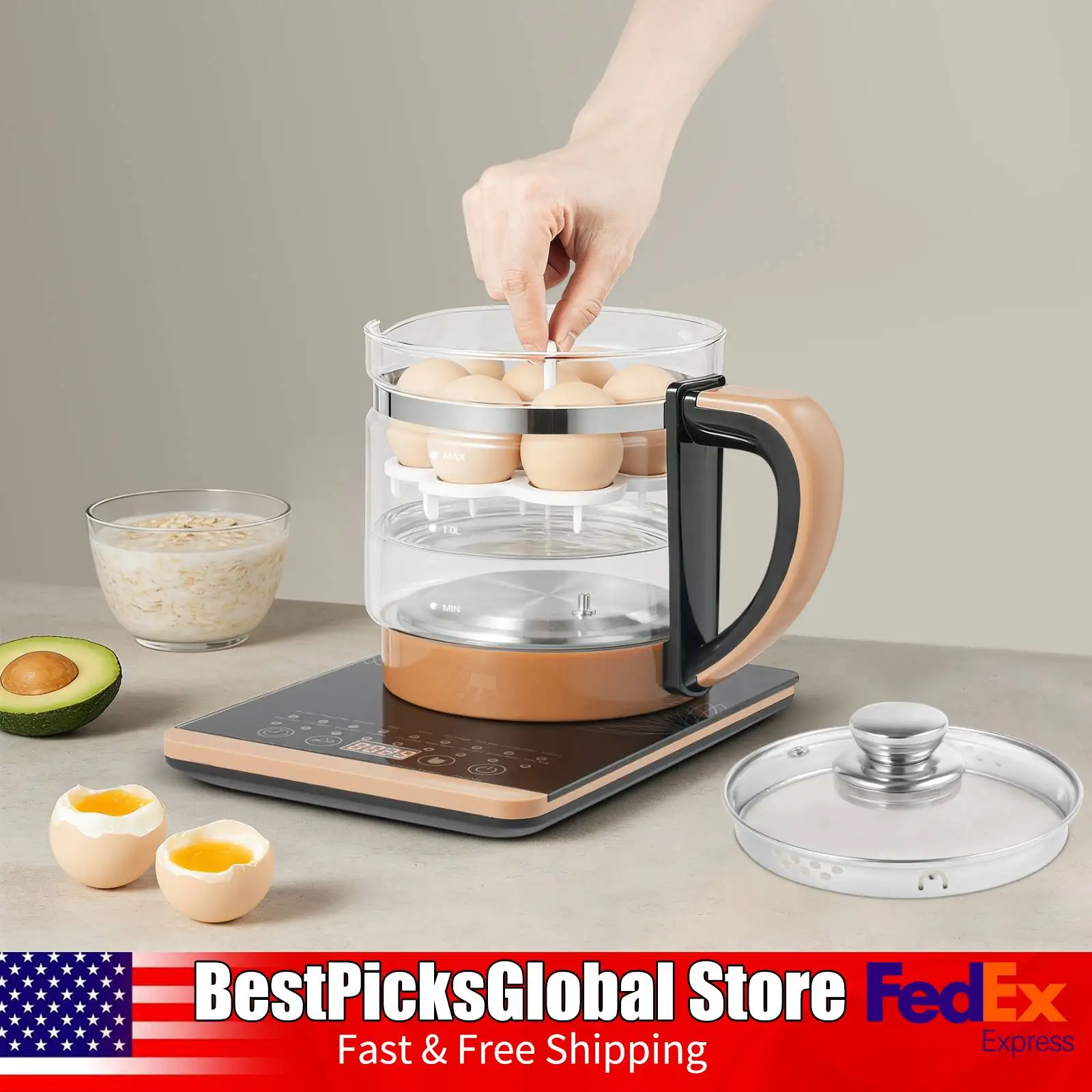 

1.8L Multi-Function Electric Kettle, Glass Water Kettle with Removable Filter&Anti-Scald Handle for Making Tea, Egg Steamer