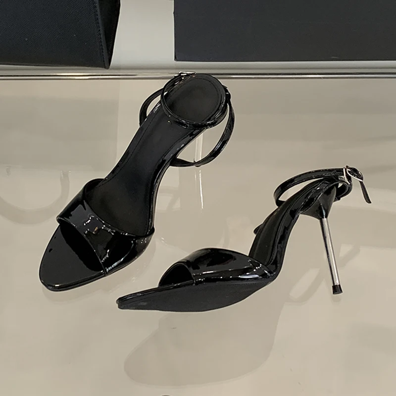 Aneikeh New Women Shoes Narrow Band Black Fish Mouth Lacquer Leather Metal Silver Heel Fashion Women High Heel Sandals view 3