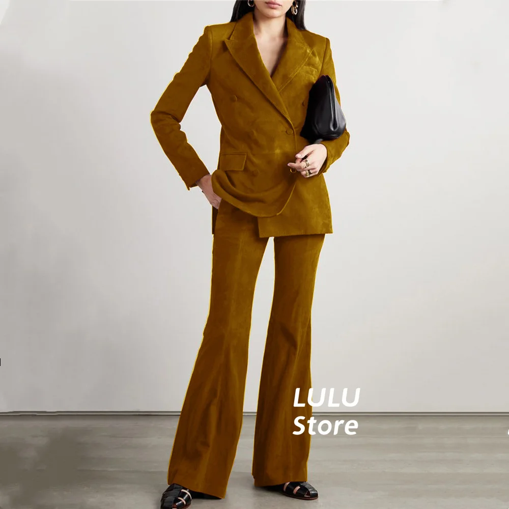 Women Suit Sets High Quality Suede Double-Breasted Warm Comfortable Party Dinner Jacket & Pants conjuntos para mujeres 2 piezas