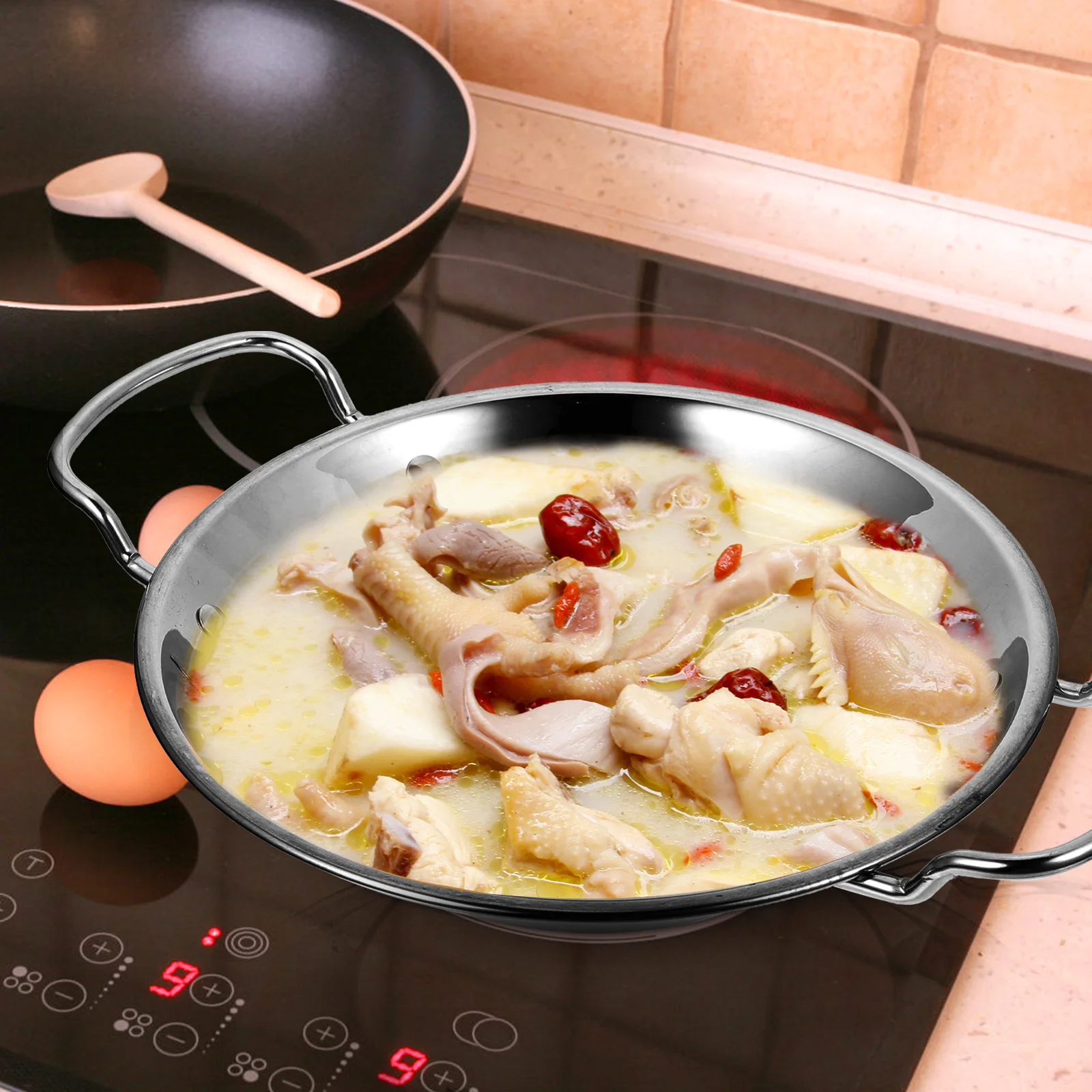 

Stainless Steel Wok Double Handle Griddle Large Fry Pan Food Cooking Pot Utensil Household Hot Pot Kitchen Accessory Vegetable
