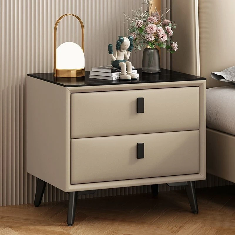 Waterproof and scratch-proof black rock slab countertop double-pumping bedside table, rounded corner anti-collision double-layer