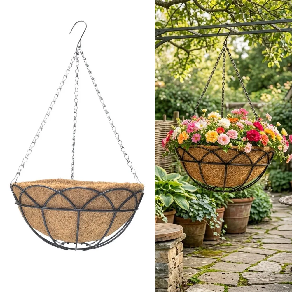 2 Pack 12 Inch Metal Hanging Baskets With Natural Coconut Fiber Liner For Indoor Outdoor Garden Patio Plant Flower Pot Decor