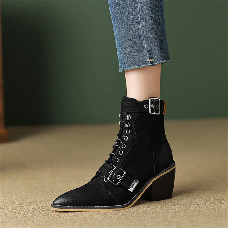 New Autumn/winter Genuine Leather Women Boot Pointed Toe Shoes Fashion Belt Buckle Short Boots for Women Handmade Large Size