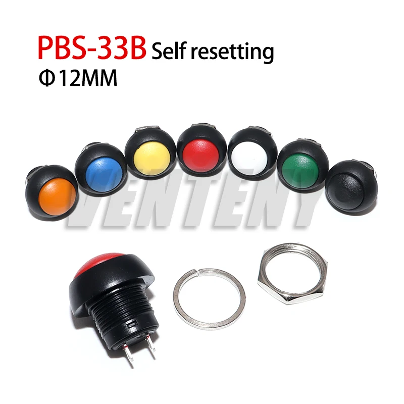PBS-33B 6Pcs  2Pin Mini Switch 12mm 12V 1A Waterproof momentary Push button Switch since the reset Non-locking 12mm 12V