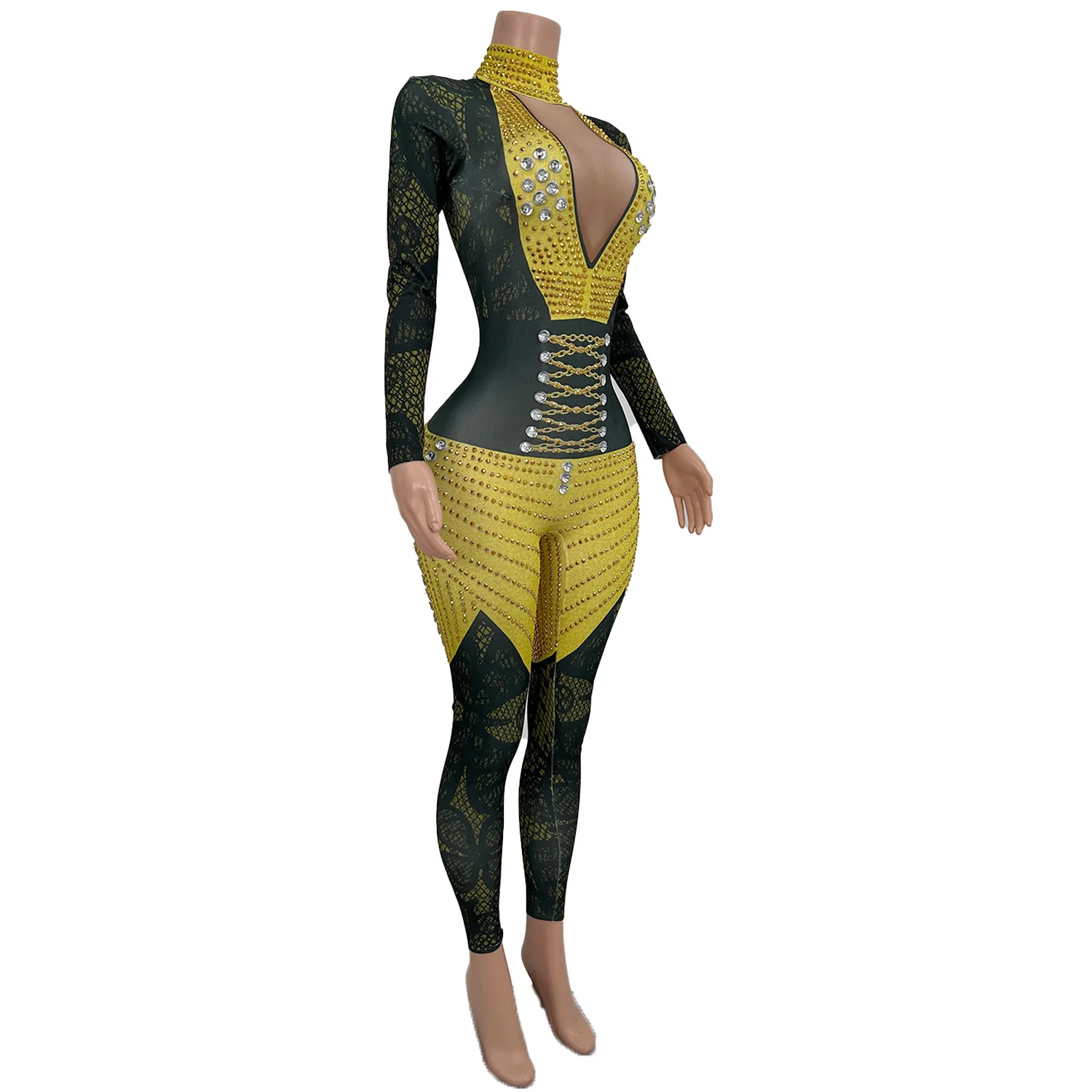 Sexy Stretch Rhinestones Party Jumpsuits Women Stretch Long Sleeve Crystal Romper Nightclub Prom Bodysuit Dance Wear Huangzuan