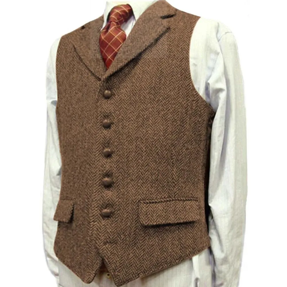 Suit Men Vest Lapel V Neck Wool Herringbone Waistcoat Casual Formal Business Groomman For Wedding Green/Black/Brown/Green/Grey