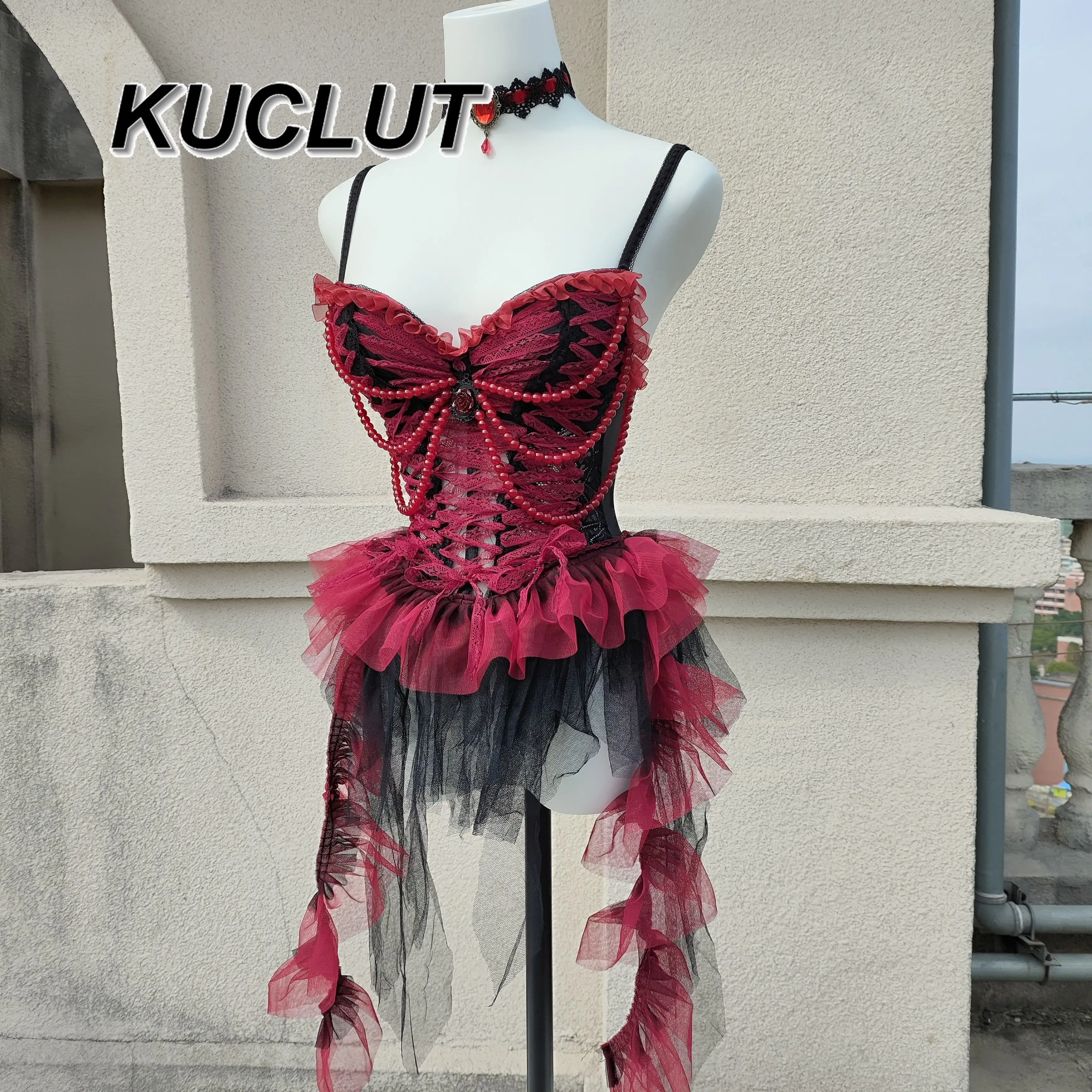 

Ladies Sling Mini Dress Summer Y2K Punk Goth Style 2025 New Beaded Black Red Irregular Sexy Suspender Dresses for Women