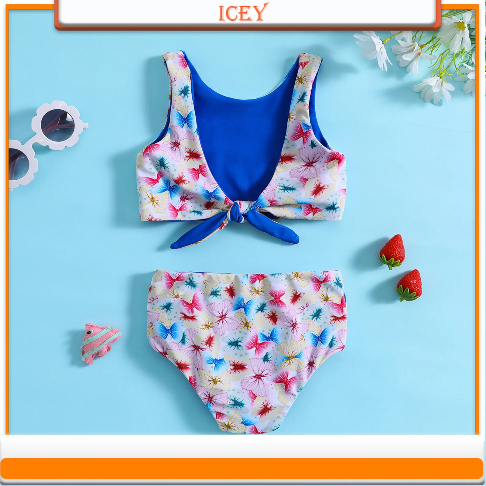 

Girls and Baby Girls Wearing Cute Flower Print 2-piece Bikini Swimsuit Set on Both Sides Two-Piece Suits