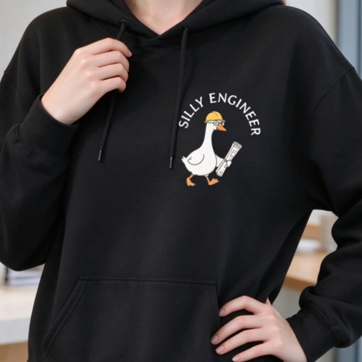 Silly Engineer Duck Hoodie Funny Sweatshirt Engineering Humor Top with Hard Hat Graphic Meme Casual Streetwear Unisex