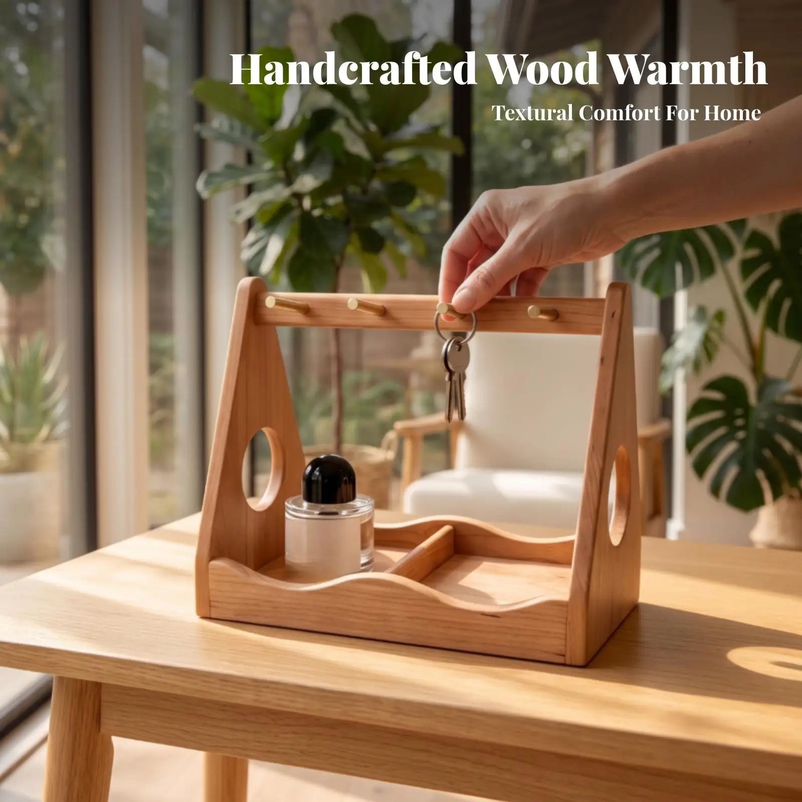 Acacia Key Holder with Hooks | Multifunctional, Key Holder with Tray, Compact,