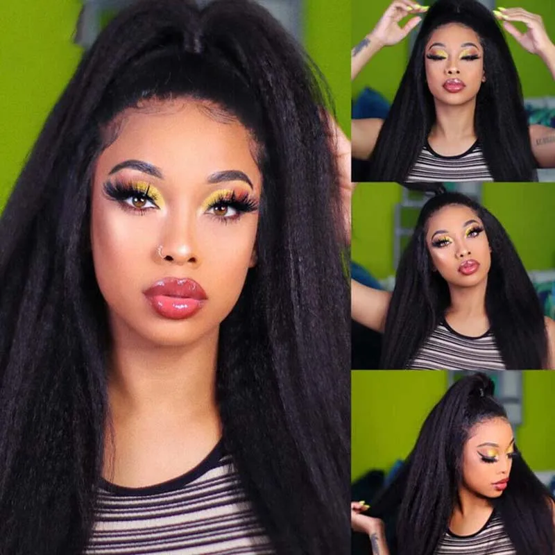 

13x4 Kinky Straight Transparent Lace Front Wigs Human Hair Pre-Plucked Pre-Cut With Baby Hair 200 Density Yaki Straight Natural