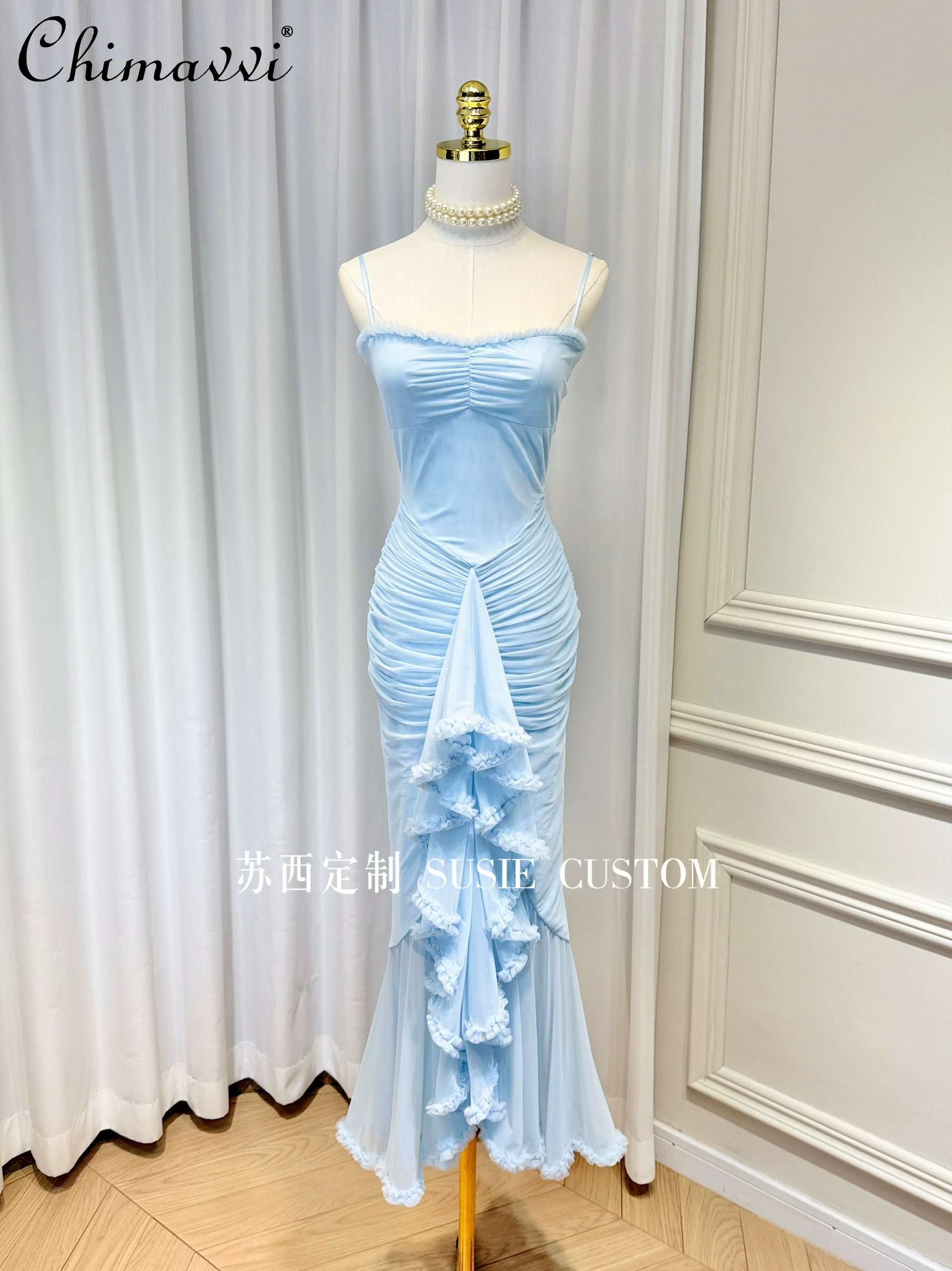 

Элегантное высококачественное длинное платье на бретельках без рукавов с рюшами и высокой талией, облегающее бедра, вечернее платье с разрезом «рыбий хвост» для женщин