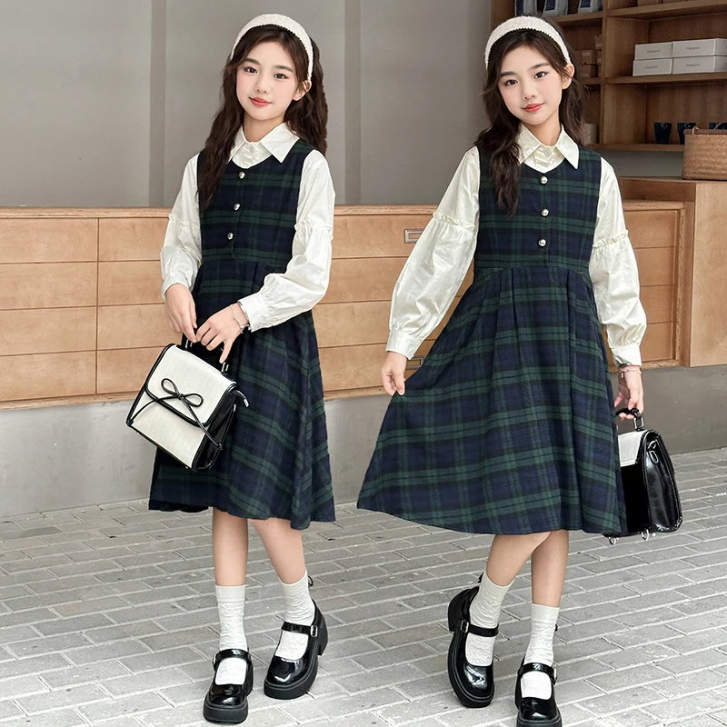 

autumn teen girls College style JK dresses set green Plaid vest skirt+white shirt 2pcs junior kids clothes suit child outfits 14