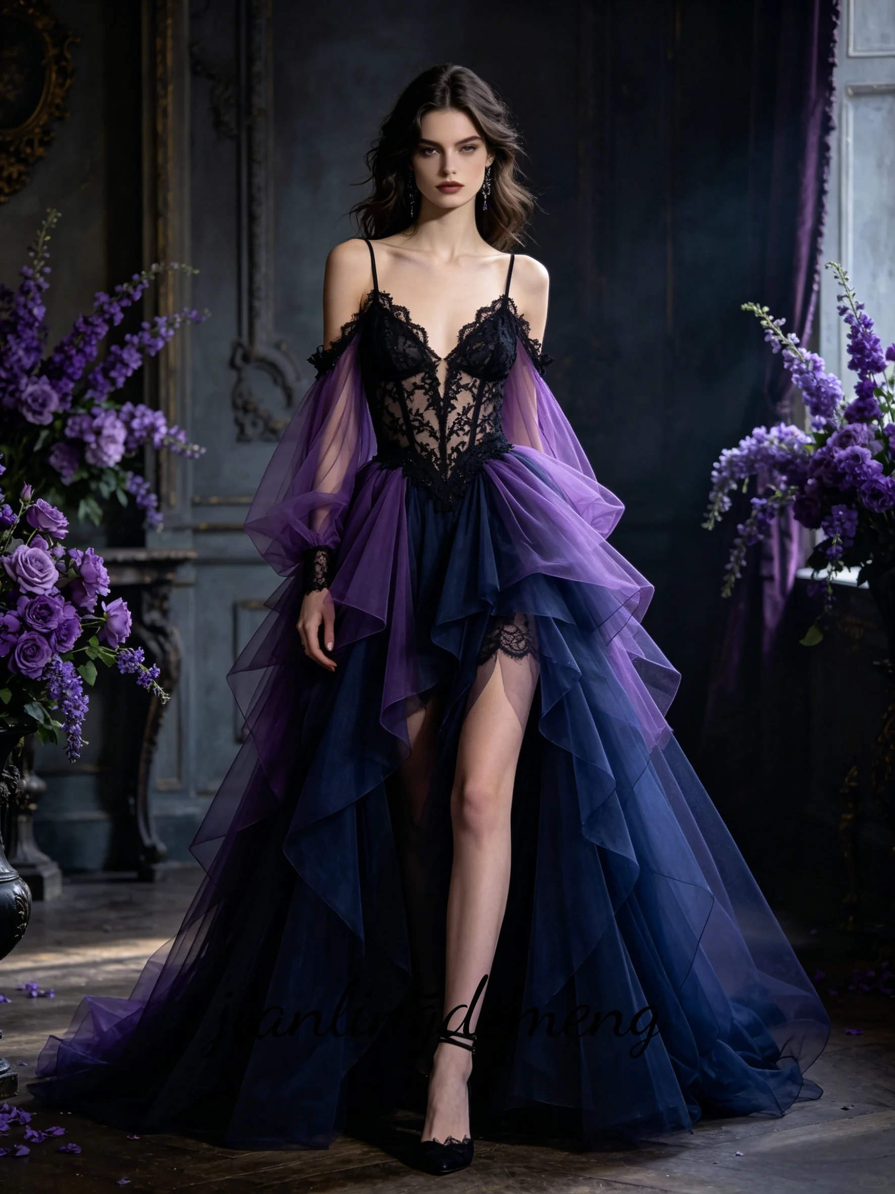 Gothic Midnight Purple Blue Black Lace Tulle Wedding Dress Off Shoulder High Slit Bridal Gown Customized