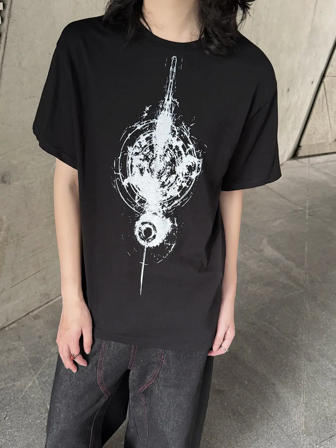 

YAMAMOTO-Style T-shirt ,HighQuality Mystical "Future Sci-Fi Feeling Eye-shaped Pattern" print,100% Cotton Loose Short-Sleeved