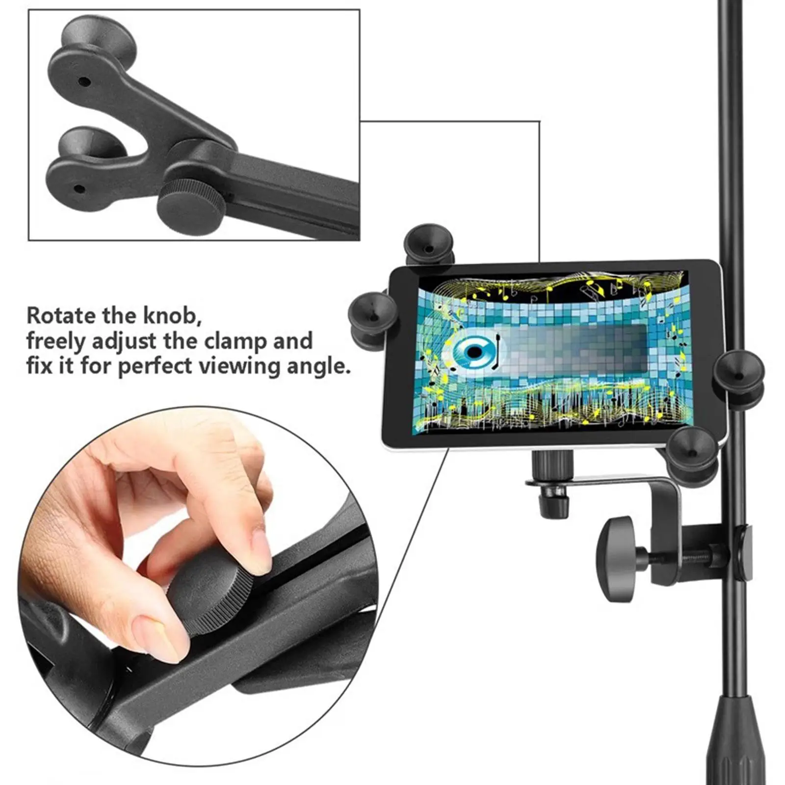 Clip on Adjustable Tablet Mount Non Slip 360 Rotating Music Stand Holder Compact Design for Guitar Accessories