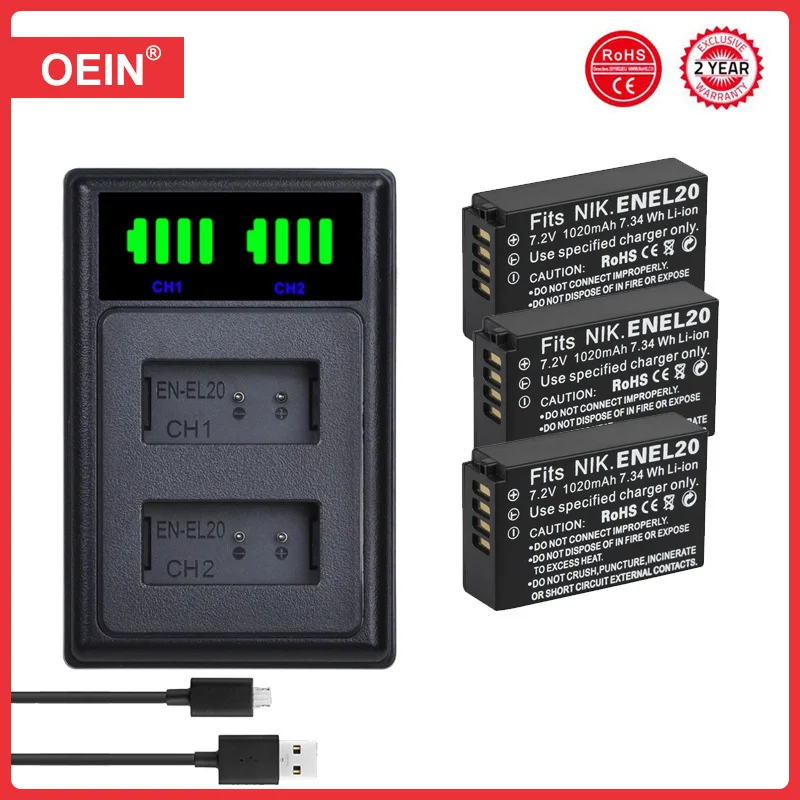 4Pcs EN-EL20 EN-EL20a Battery + LCD Dual Charger for Nikon Coolpix P1000, 1 j1, 1 J2, 1 J3, 1 S1, 1 V3, Coolpix A, Coolpix A 1